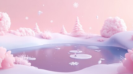 Poster - A serene winter landscape with pastel colors, featuring a pond and snow-covered trees.