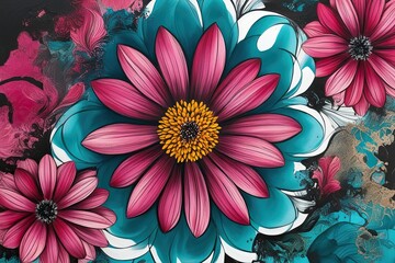 Wall Mural - Vibrant Abstract Floral Artwork Featuring Dynamic Ink Texture in Modern Urban Art