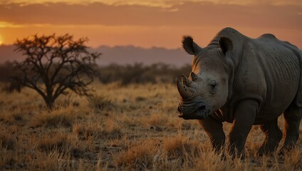 Wall Mural - Rhino at sunset.