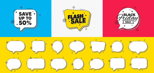 Wall Mural - Save up to 50 percent tag. Flash sale chat speech bubble. Discount Sale offer price sign. Special offer symbol. Discount chat message. Black friday speech bubble banner. Offer text balloon. Vector