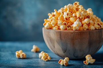 Caramel popcorn in a wooden bowl on a blue background.