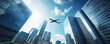 © Alena - Blue skyscrapers with big glass windows and airplane on sky flying in background.