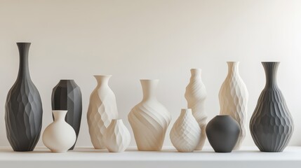 Wall Mural - Set of decorative vases in various geometric shapes and neutral tones on a white background