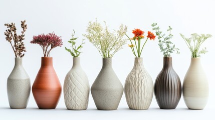 Wall Mural - Set of decorative vases in various geometric shapes and neutral tones on a white background