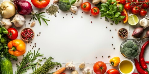  World food day or vegetarian day concept. Top view of fresh vegetables, fruit, herbs and spices with a empty on white paper background.