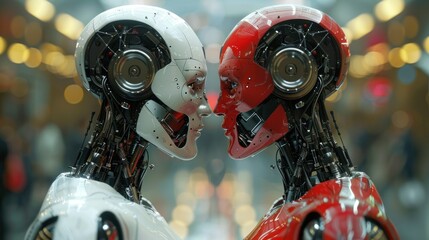 Two futuristic robots standing face to face