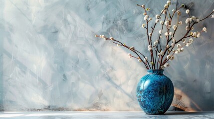 Wall Mural - Blue vase with catkin twigs horizontal image with empty space