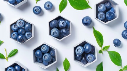 Canvas Print - Blueberry hexagon box with green leaves on white background in a creative dessert arrangement