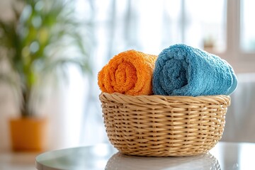 Two rolled towels, blue and orange, in a wicker basket on a white table.