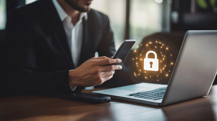 Poster - Businessman working on smartphone applications with padlock icon and network security technology