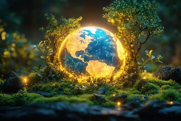 Wall Mural - ethereal glowing earth nestled in lush moss forest bioluminescent plants and creatures surrounding t