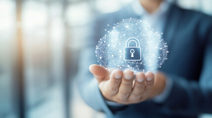 Poster - Businessman showcasing secure cloud computing with a padlock icon, representing data security and cybersecurity
