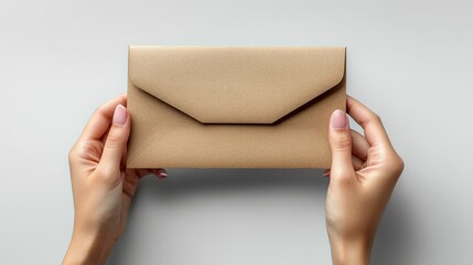 hand holding brown and white blank envelope and card on background