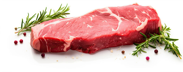 Raw beef steak on white background with salt pepper and herbs.