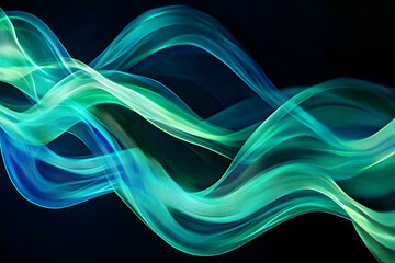 Wall Mural - Dynamic neon wave design in shades of blue and green. A captivating display on black background.