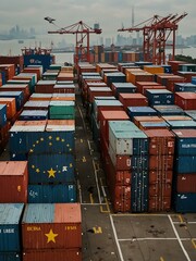 Sticker - Sea containers marked with China and EU flags represent trade tensions.