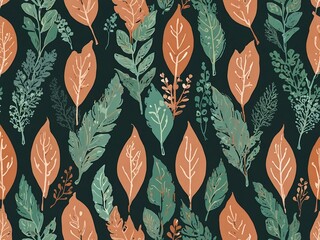 Wall Mural - Seafoam green and peach leaves seamless pattern.