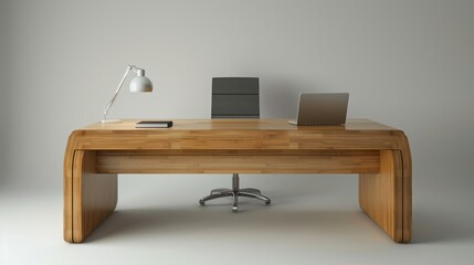 Canvas Print - Modern Wooden Desk with Laptop and Lamp