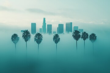 Wall Mural - A futuristic cityscape with high-rise buildings, circuit board designs, mist, and palm trees.