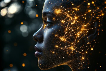 Canvas Print - Profile of woman with neural network lines glowing on her face symbolizing futuristic connections technology driven thoughts and the inner workings of the brain in a cyber enhanced reality