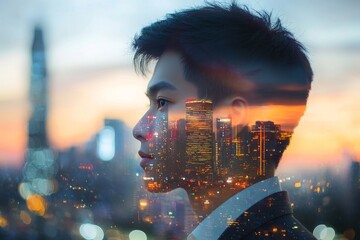 Wall Mural - On a blurred background, a man's face and the city skyline are double exposed.