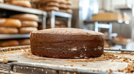 circular brown loaf in bakery viewed from the side