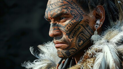 A Maori man with traditional facial tattoos and feathers looks intensely at the camera.