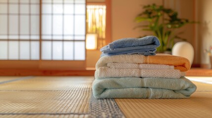 Clean towels pile on Japanese tatami surface