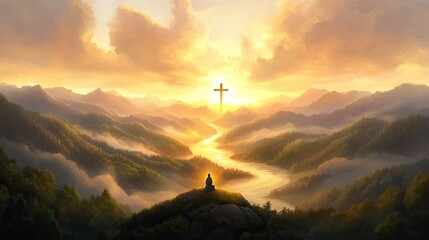 A man kneels in prayer while a cross stands above him, illuminated by golden sunlight filtering through storm clouds over a gentle river below