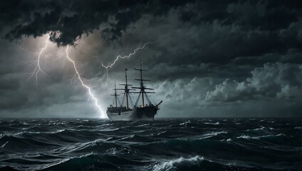 Poster - Ship navigating a storm with fog and lightning.