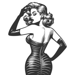 Wall Mural - glamorous pin-up woman in a form-fitting dress and long gloves, seductive vibe. sketch engraving generative ai fictional character vector illustration. Scratch board imitation. Black and white image.