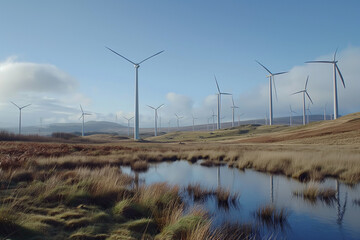 A wind farm with turbines turning in the wind