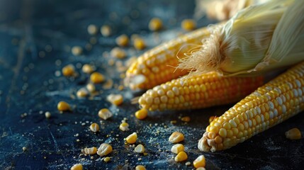 Wall Mural - Close up photography of peeled and unpeeled corn on dark background Concept of food photography