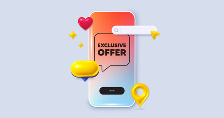 Poster - Exclusive offer tag. Social media phone app banner. Sale price sign. Advertising discounts symbol. Social media search bar, like, chat 3d icons. Exclusive offer message. Vector