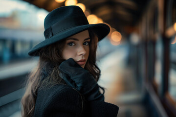 A woman in a vintage hat and gloves at a train station