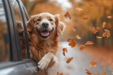 exuberant golden retriever with windtousled fur joyfully leaning out of a car window autumn leaves swirl around capturing the essence of a carefree fall adventure