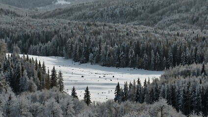 Wall Mural - Snow-covered mountain forest in Bieszczady Mountains, Ukraine.