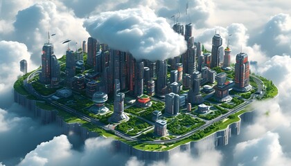 Wall Mural - Futuristic smart city skyline with towering buildings and a prominent cloud overhead in an isometric perspective.