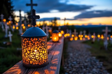 Poster - A quiet evening at the Hill of Crosses, with the last light of day casting long shadows across the sacred site