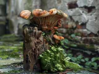 Wall Mural - Close-Up of a Mushroom Growing on a Tree Stump