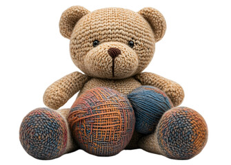 a teddy bear with balls of yarn.
