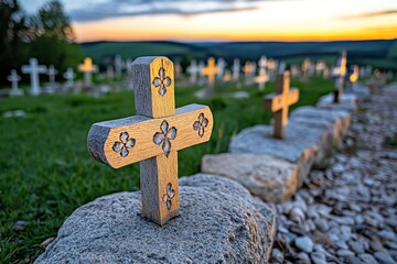Poster - A quiet evening at the Hill of Crosses, with the last light of day casting long shadows across the sacred site