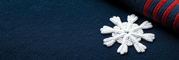 Wall Mural - A close-up photograph of a white knitted snowflake on a blue fabric background. The snowflake is delicate and intricate, symbolizing winter, holidays, craft, handmade and beauty.