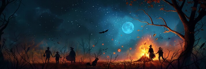 Poster - A group of figures in silhouette gather around a bonfire under a full moon. The scene is filled with the magic of Halloween, with bats flying overhead and jack-o-lanterns illuminating the night. The f