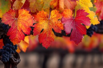 Close-up of vibrant red and orange grape leaves with a cluster of dark grapes in the background.