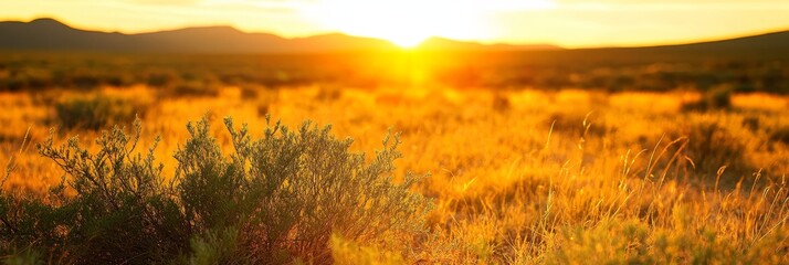 Wall Mural - A picturesque scene of a desert landscape bathed in the warm glow of the golden hour sunset, showcasing the beauty of nature's tranquility. The image evokes feelings of peace, serenity, and the vastne