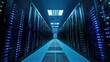 © SKIMP Art - A large server room with rows of black and blue computer cabinets, illuminated by bright lights, showcasing the high-tech nature of data center equipment Generative AI