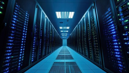 A large server room with rows of black and blue computer cabinets, illuminated by bright lights, showcasing the high-tech nature of data center equipment Generative AI