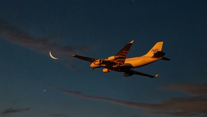 Wall Mural - Summer evening with a crescent moon and plane