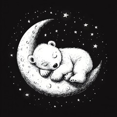 Bear cub sweetly sleeping on a crescent moon. A fairy tale character for a lullaby. Animal in black and white style. Illustration for cover, card, postcard, interior design, decor or print